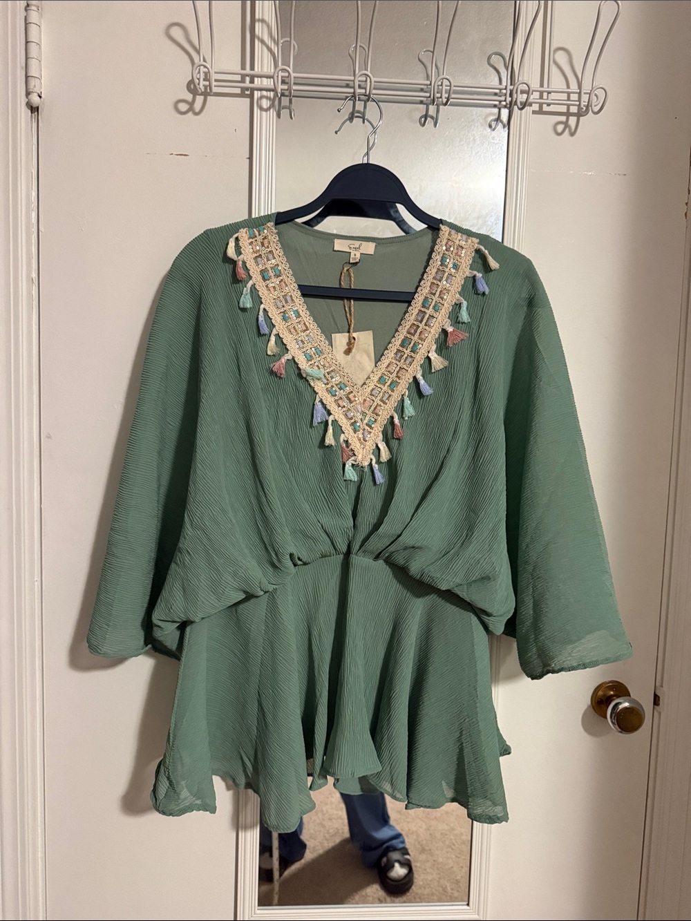 easel Sage Green Tassel-Trim Peplum Tunic